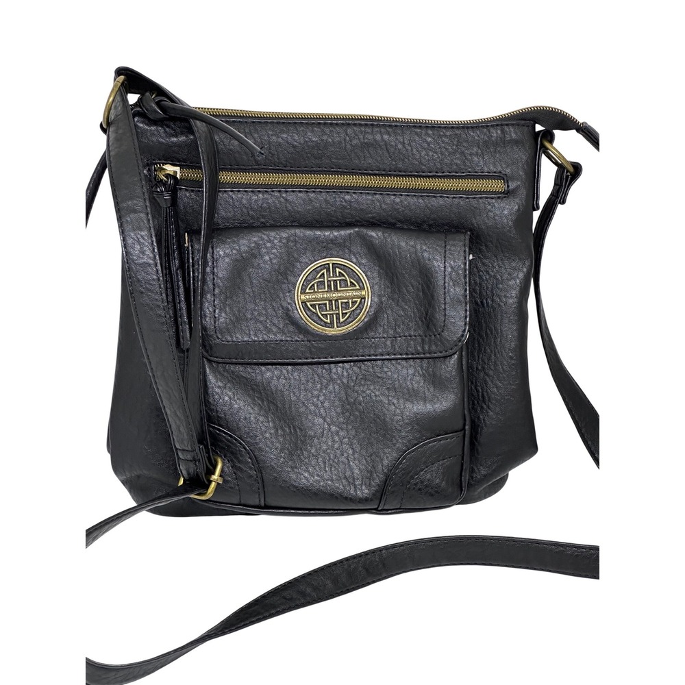 Stone Mountain Crossbody Bag Black Pebble Faux Leather Zipper Pockets Adjustable
